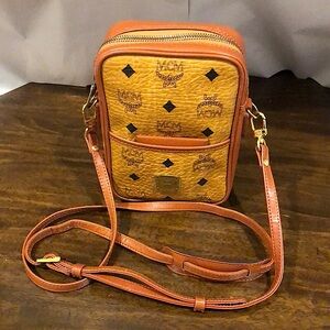 MCM Cognac Vicetos Top Zip Crossbody Bag Interior/ Exterior Slip Pocket Mirror